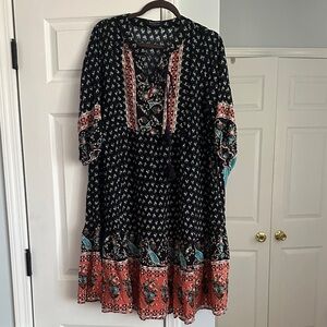BloomChic Black and Red Patterned Long Sleeve Dress